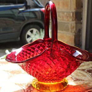 Carnival Glass Basket in reds, orange to yellows Imprinted glass